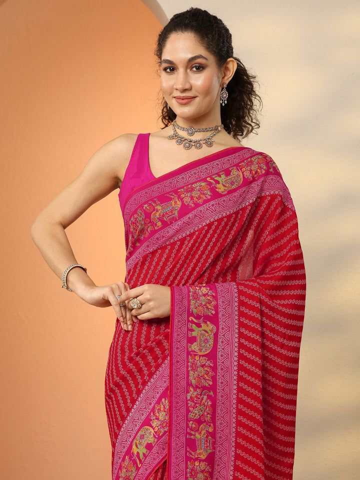 Red Printed Georgette Saree With Unstitched Blouse Piece