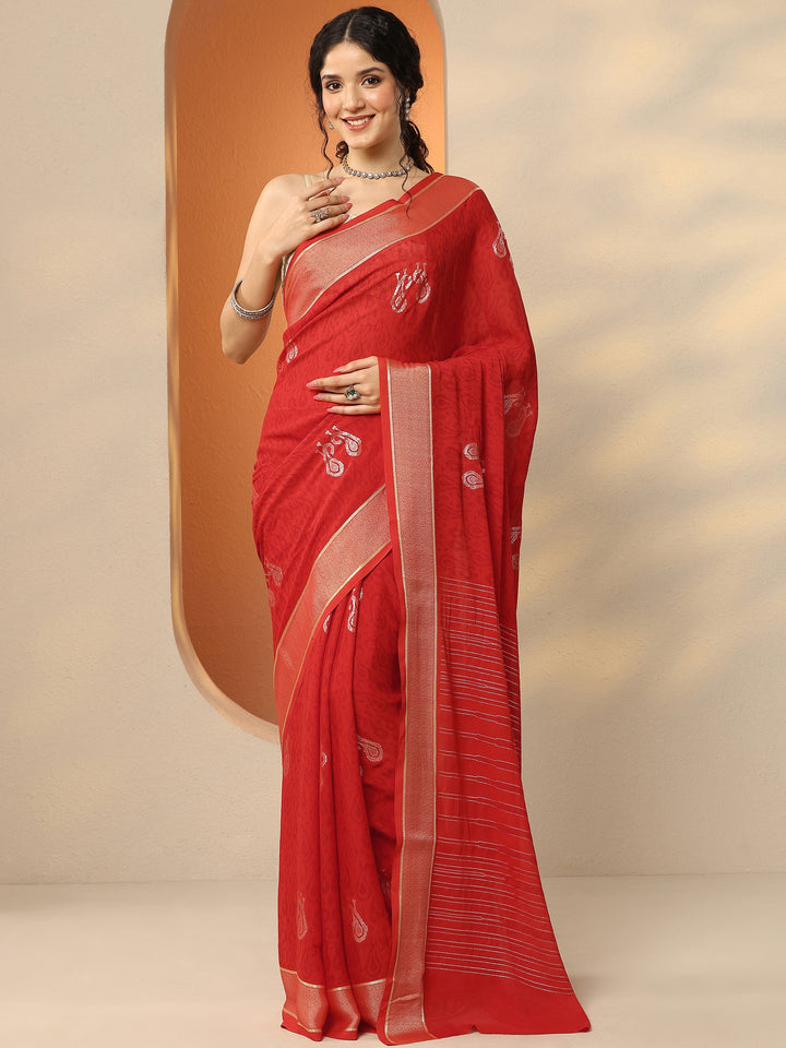 Red Paisley Printed Georgette Saree With Unstitched Blouse Piece