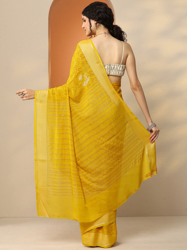 Mustard Paisley Printed Georgette Saree With Unstitched Blouse Piece
