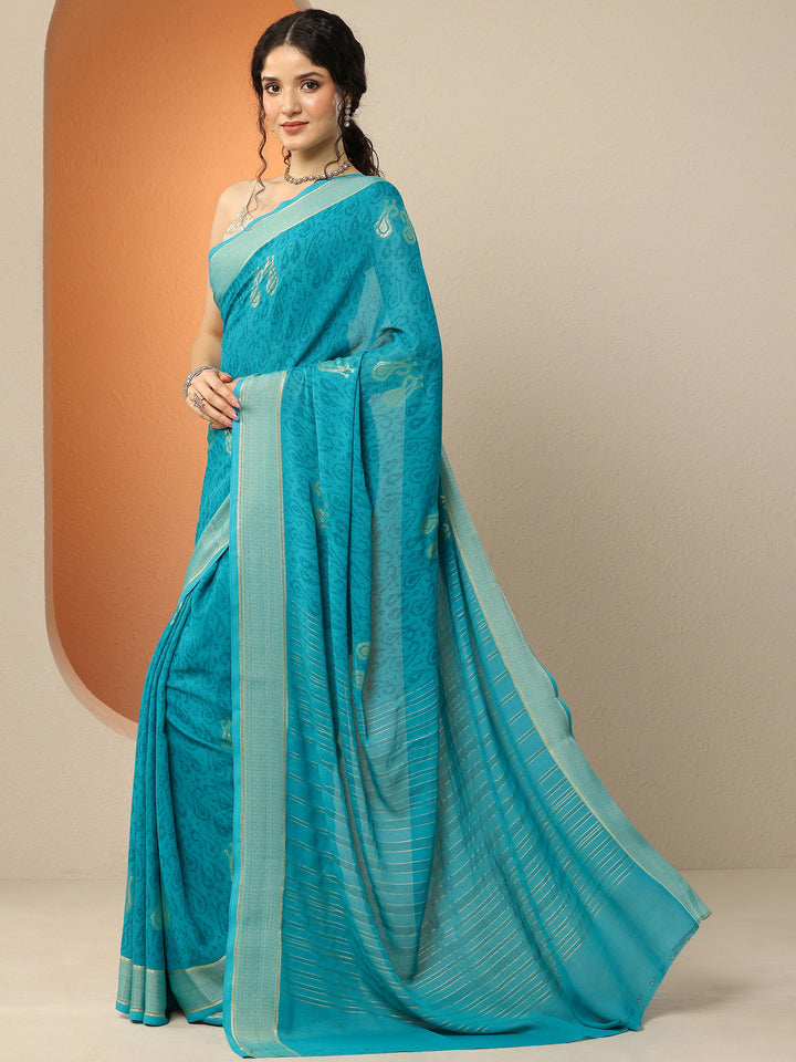 Blue Paisley Printed Georgette Saree With Unstitched Blouse Piece