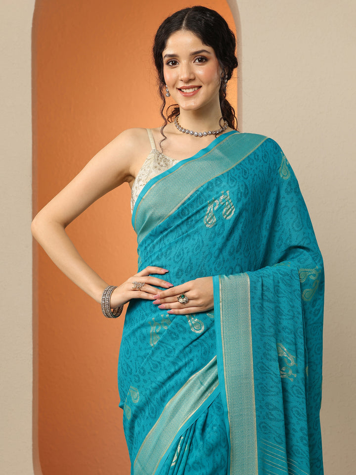 Blue Paisley Printed Georgette Saree With Unstitched Blouse Piece