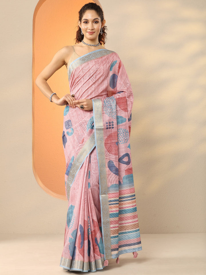 Pink Geometric Printed Silk Blend Saree With Unstitched Blouse Piece
