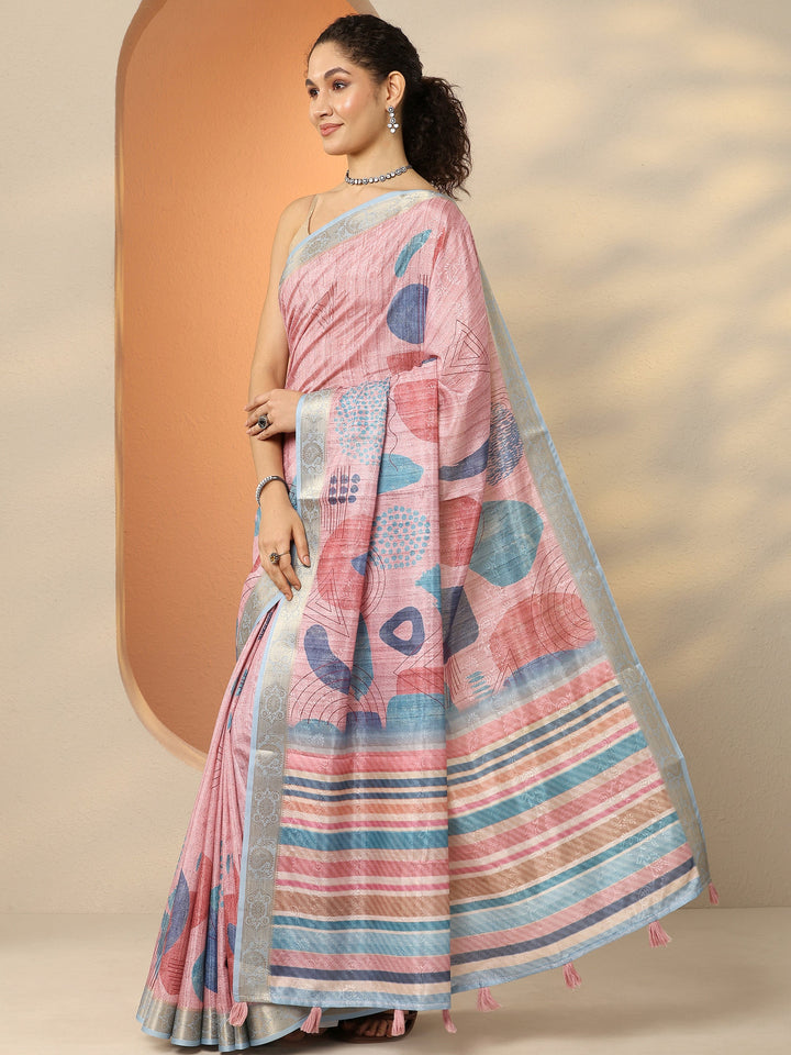 Pink Geometric Printed Silk Blend Saree With Unstitched Blouse Piece
