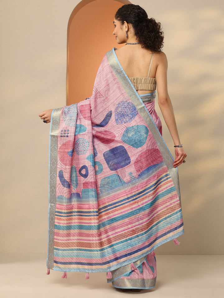 Pink Geometric Printed Silk Blend Saree With Unstitched Blouse Piece