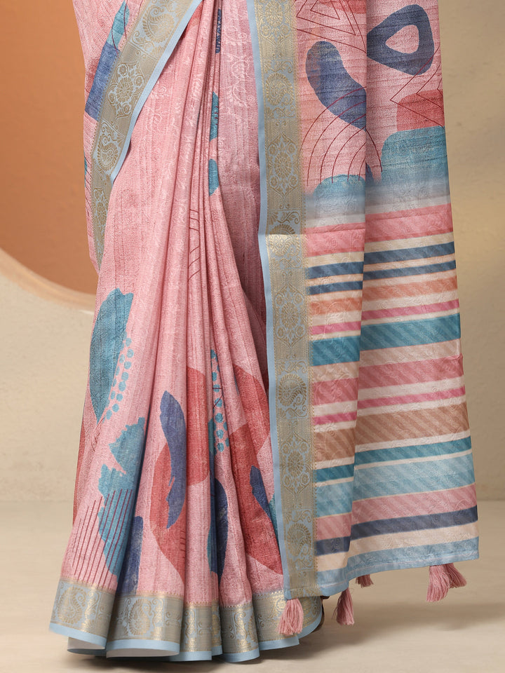 Pink Geometric Printed Silk Blend Saree With Unstitched Blouse Piece