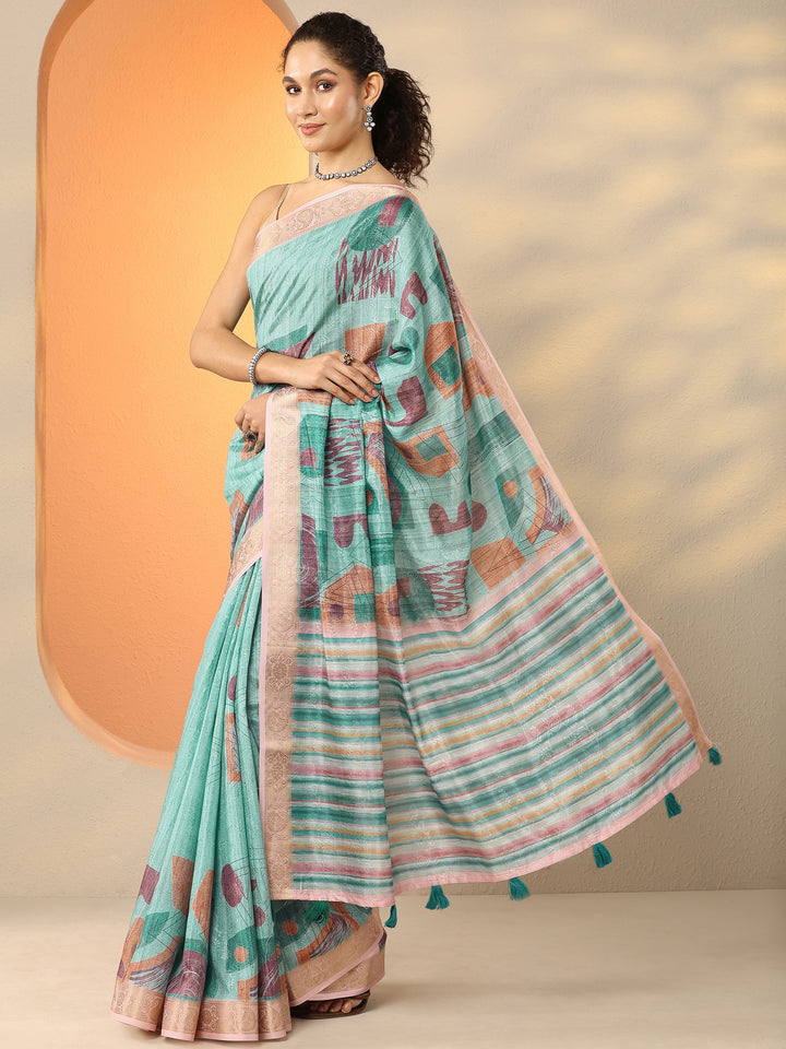 Blue Geometric Printed Silk Blend Saree With Unstitched Blouse Piece