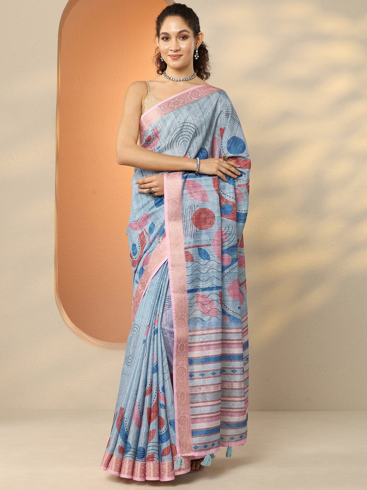Blue Printed Silk Blend Saree With Unstitched Blouse Piece