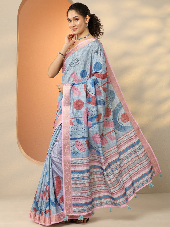 Blue Printed Silk Blend Saree With Unstitched Blouse Piece
