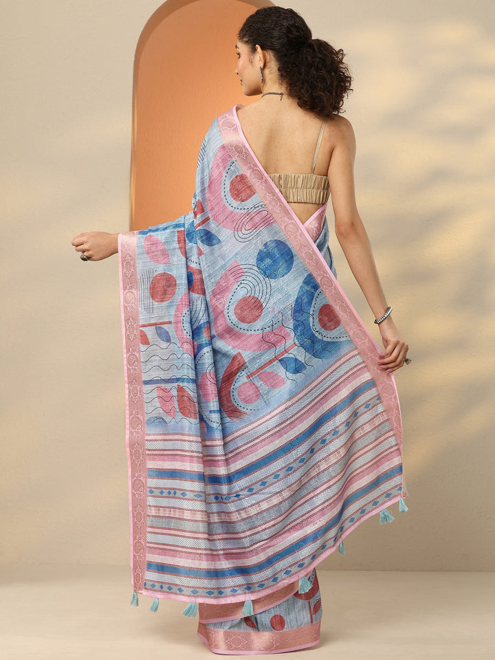 Blue Printed Silk Blend Saree With Unstitched Blouse Piece
