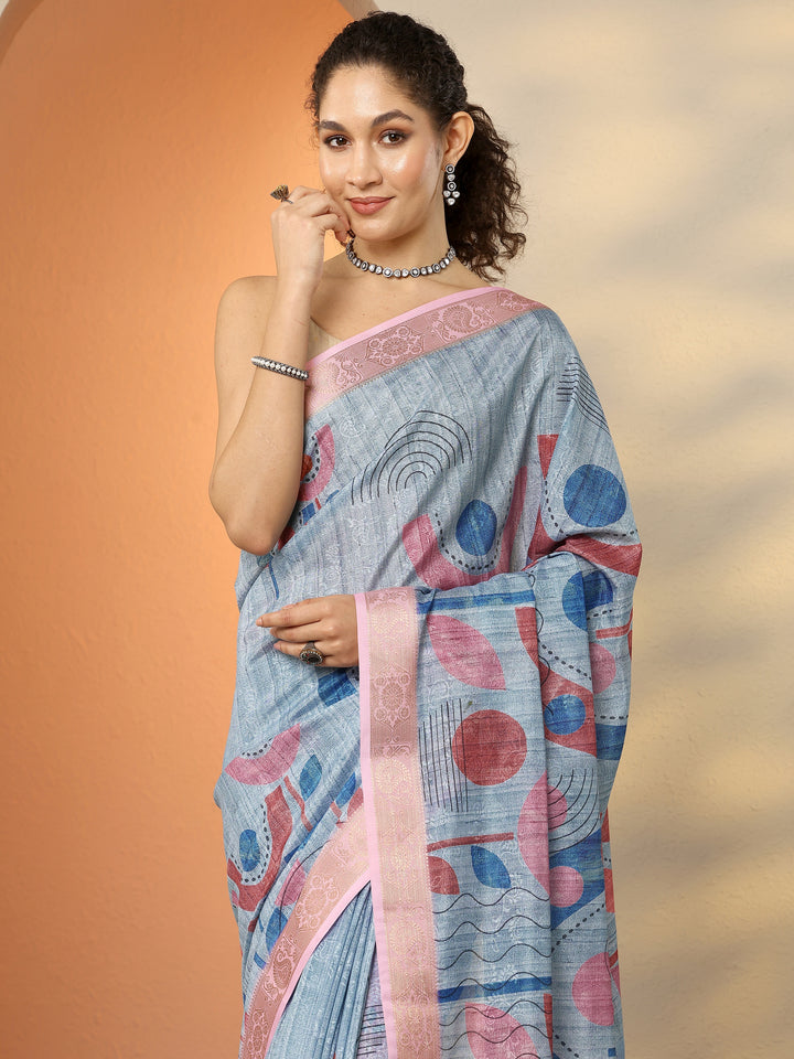 Blue Printed Silk Blend Saree With Unstitched Blouse Piece