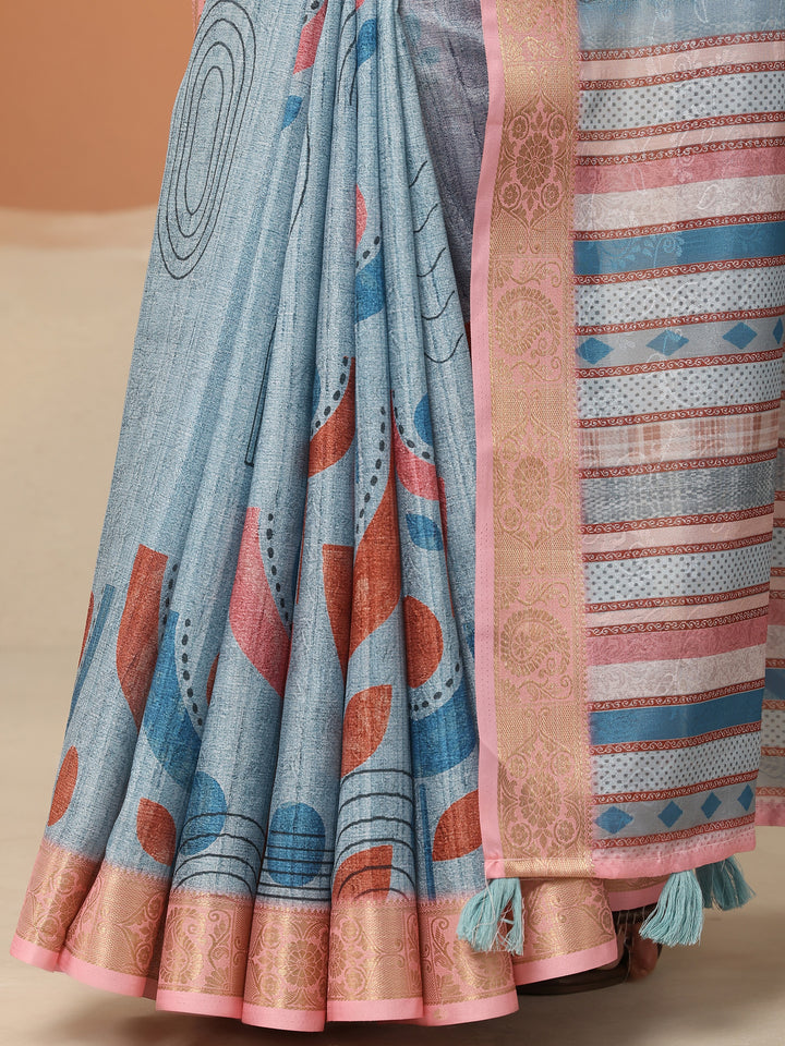 Blue Printed Silk Blend Saree With Unstitched Blouse Piece