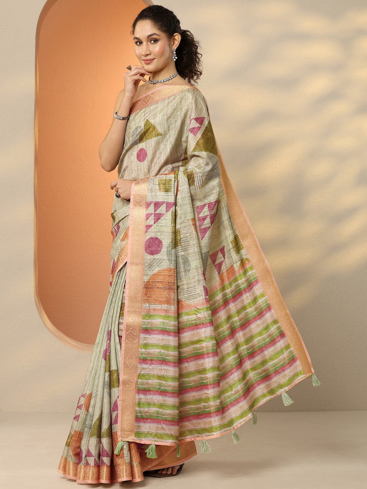 Green Geometric Printed Silk Blend Saree With Unstitched Blouse Piece