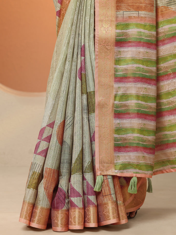 Green Geometric Printed Silk Blend Saree With Unstitched Blouse Piece