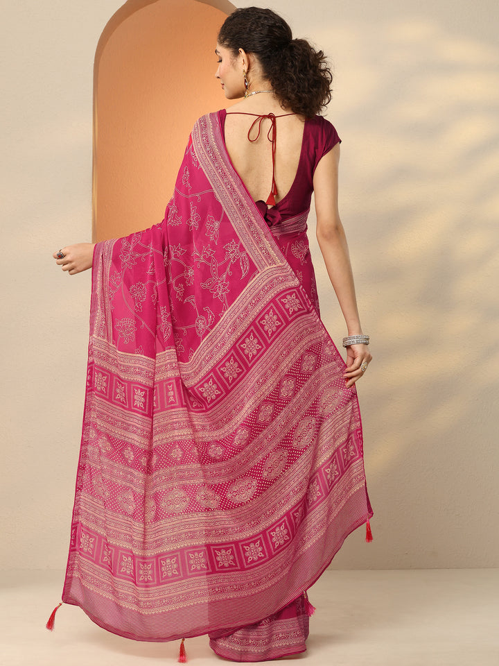 Pink Printed Georgette Saree With Unstitched Blouse Piece