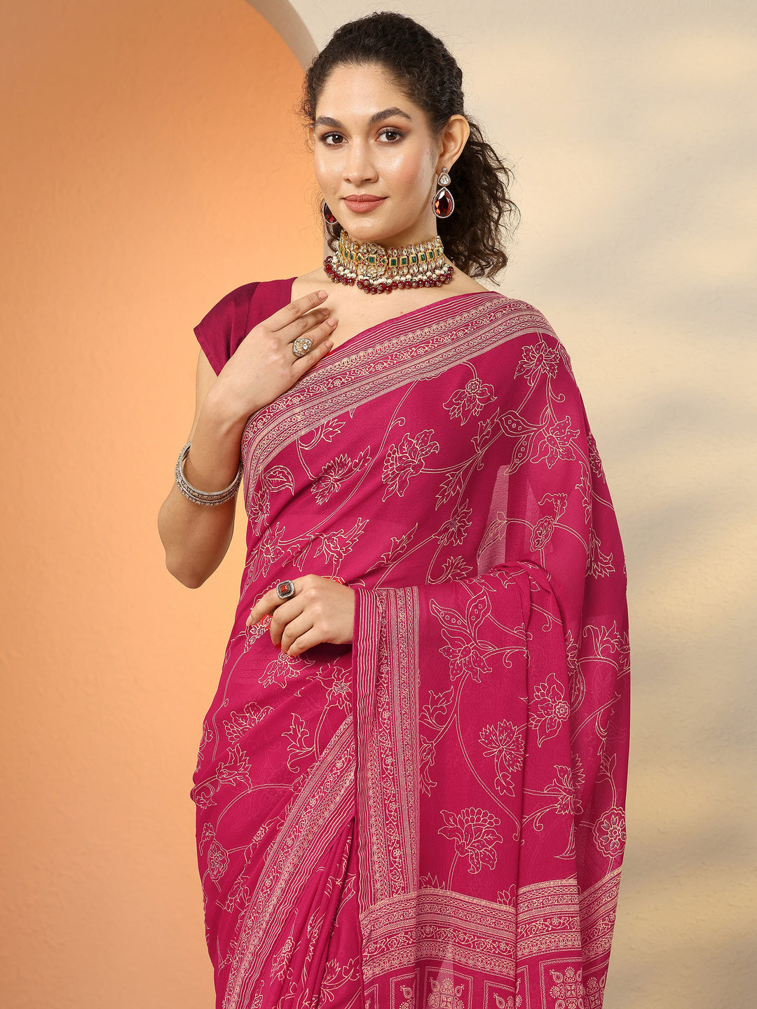 Pink Printed Georgette Saree With Unstitched Blouse Piece
