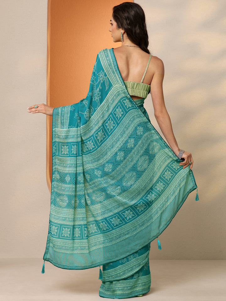 Green Printed Georgette Saree With Unstitched Blouse Piece