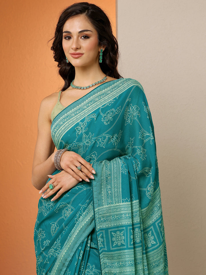 Green Printed Georgette Saree With Unstitched Blouse Piece