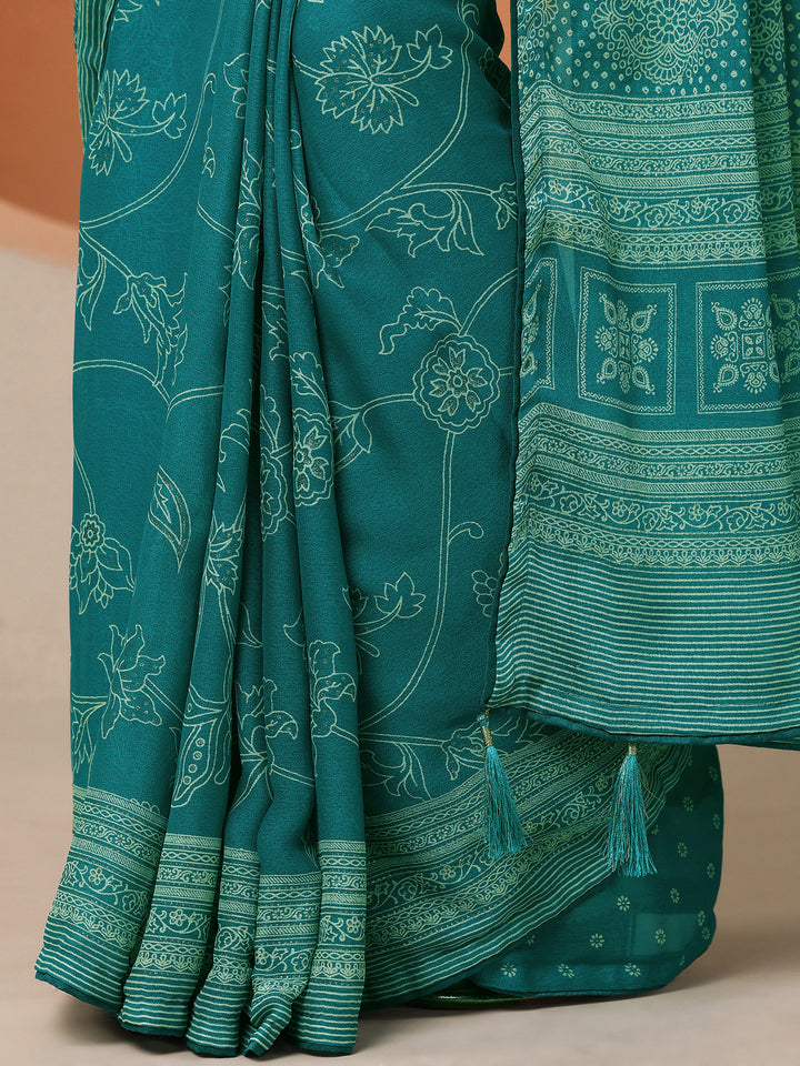 Green Printed Georgette Saree With Unstitched Blouse Piece