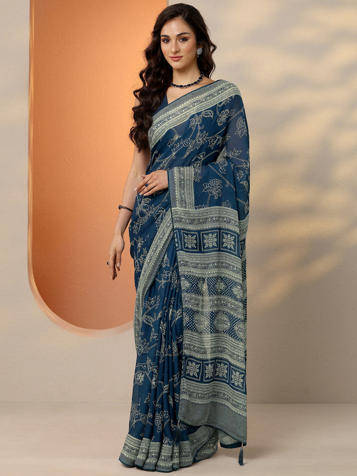 Navy Blue Printed Georgette Saree With Unstitched Blouse Piece