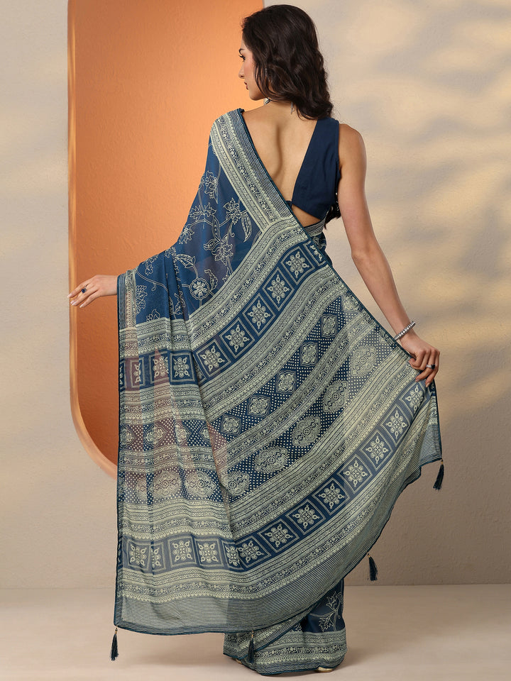 Navy Blue Printed Georgette Saree With Unstitched Blouse Piece