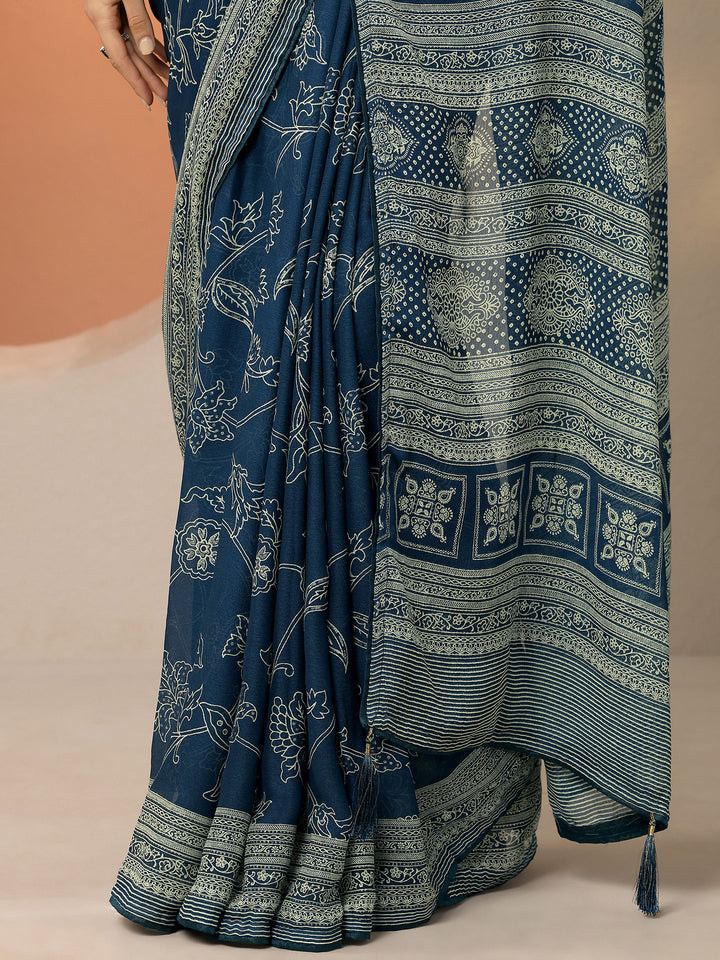 Navy Blue Printed Georgette Saree With Unstitched Blouse Piece