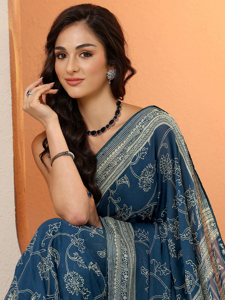 Navy Blue Printed Georgette Saree With Unstitched Blouse Piece