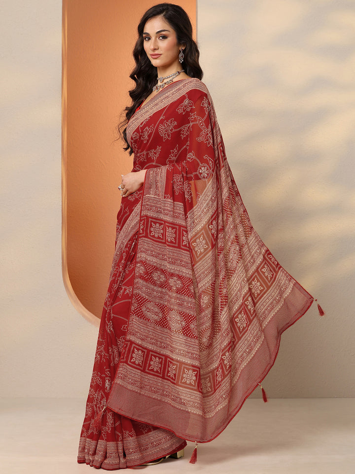 Red Printed Georgette Saree With Unstitched Blouse Piece