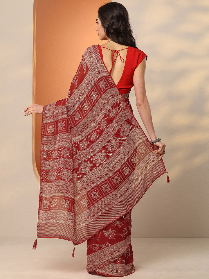 Red Printed Georgette Saree With Unstitched Blouse Piece