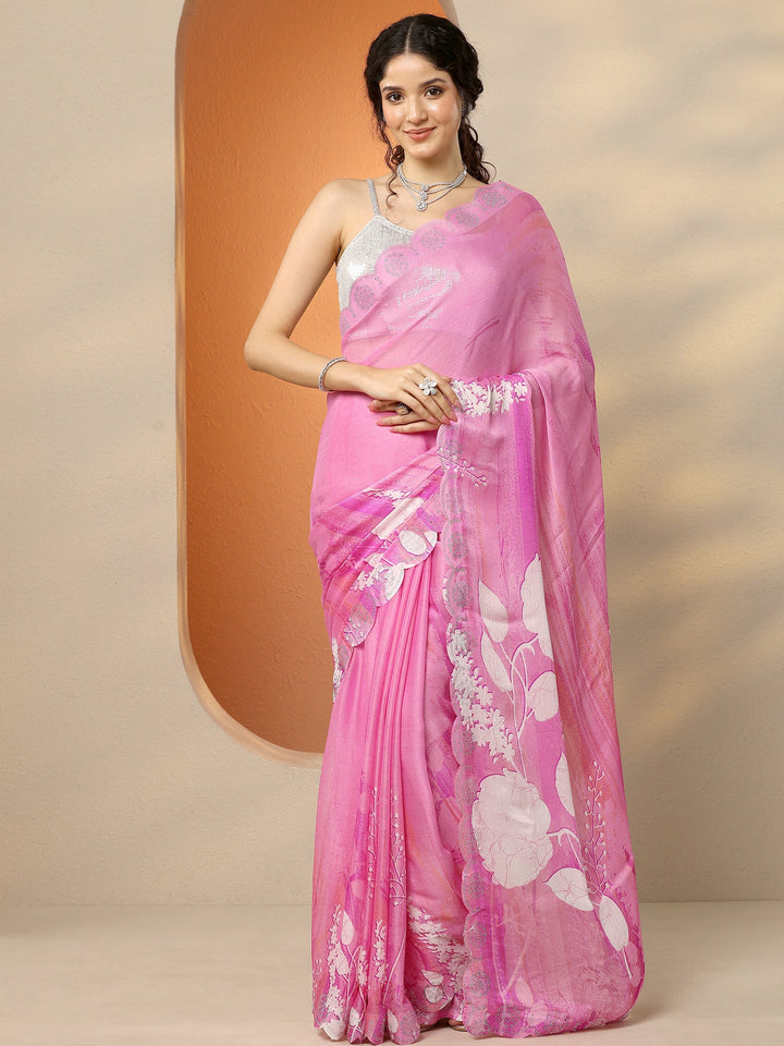 Pink Printed Georgette Saree With Unstitched Blouse Piece