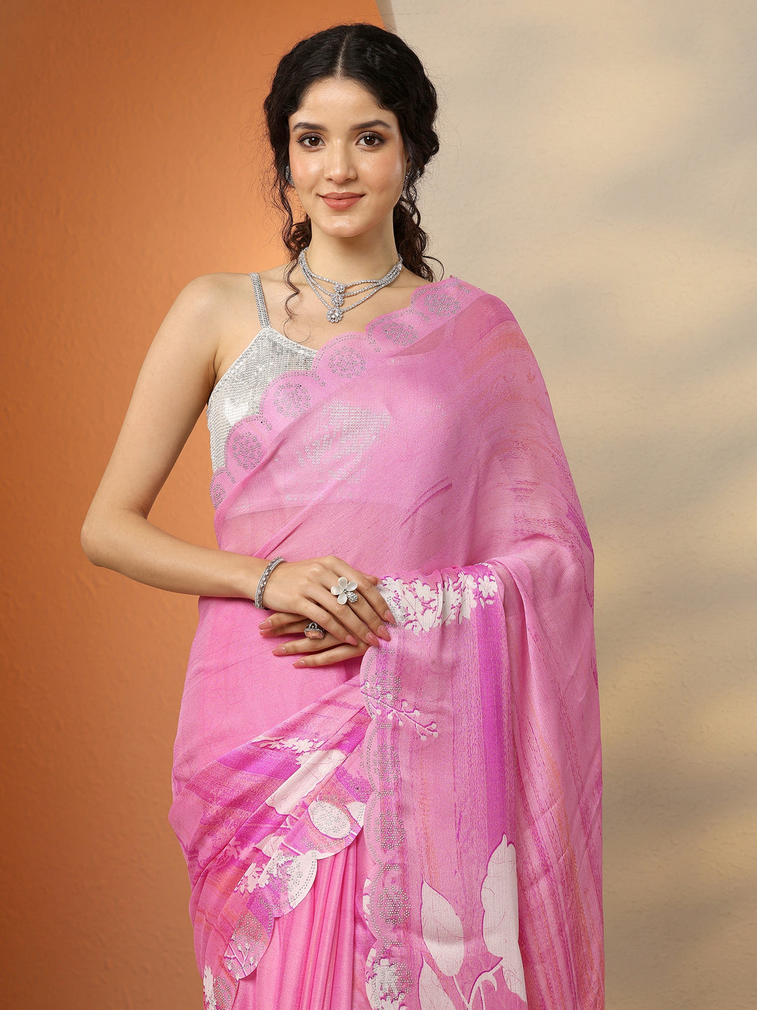 Pink Printed Georgette Saree With Unstitched Blouse Piece