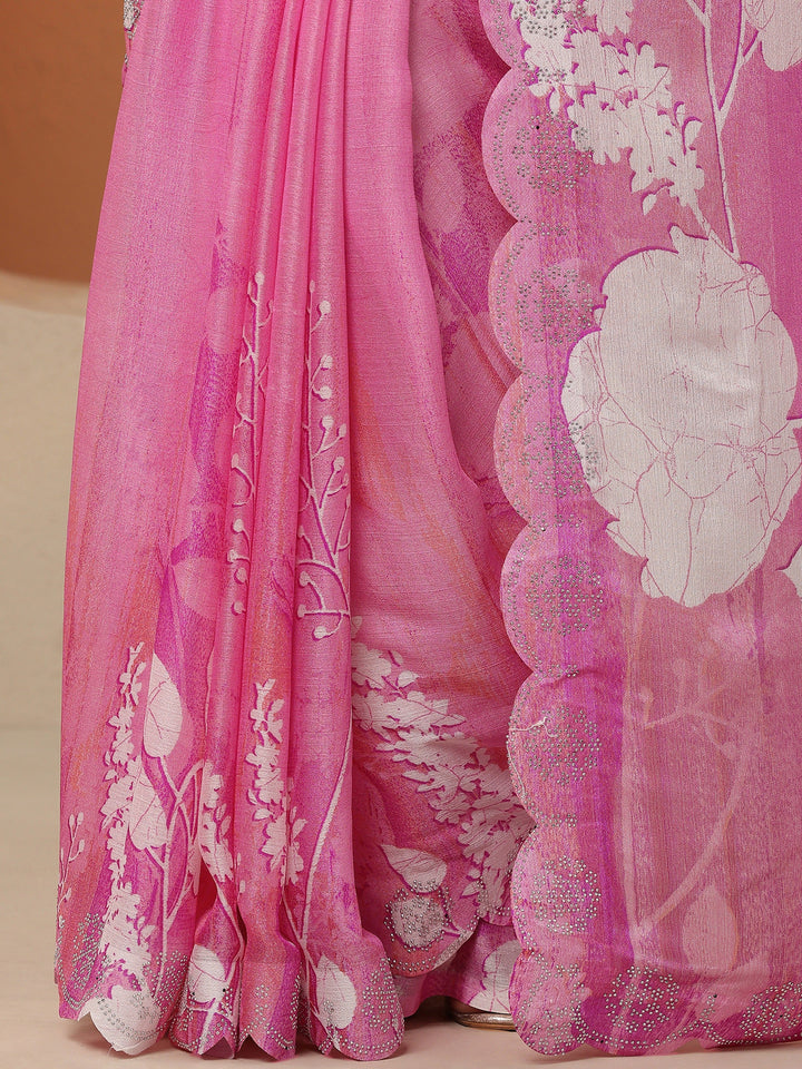 Pink Printed Georgette Saree With Unstitched Blouse Piece