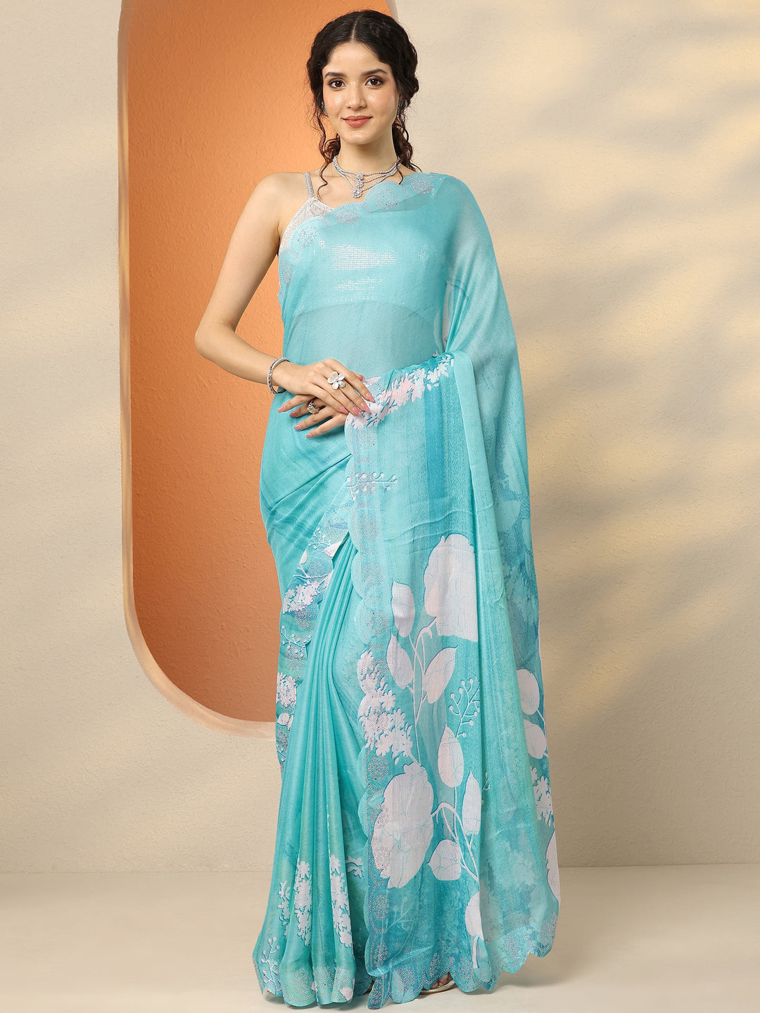 Blue Printed Georgette Saree With Unstitched Blouse Piece