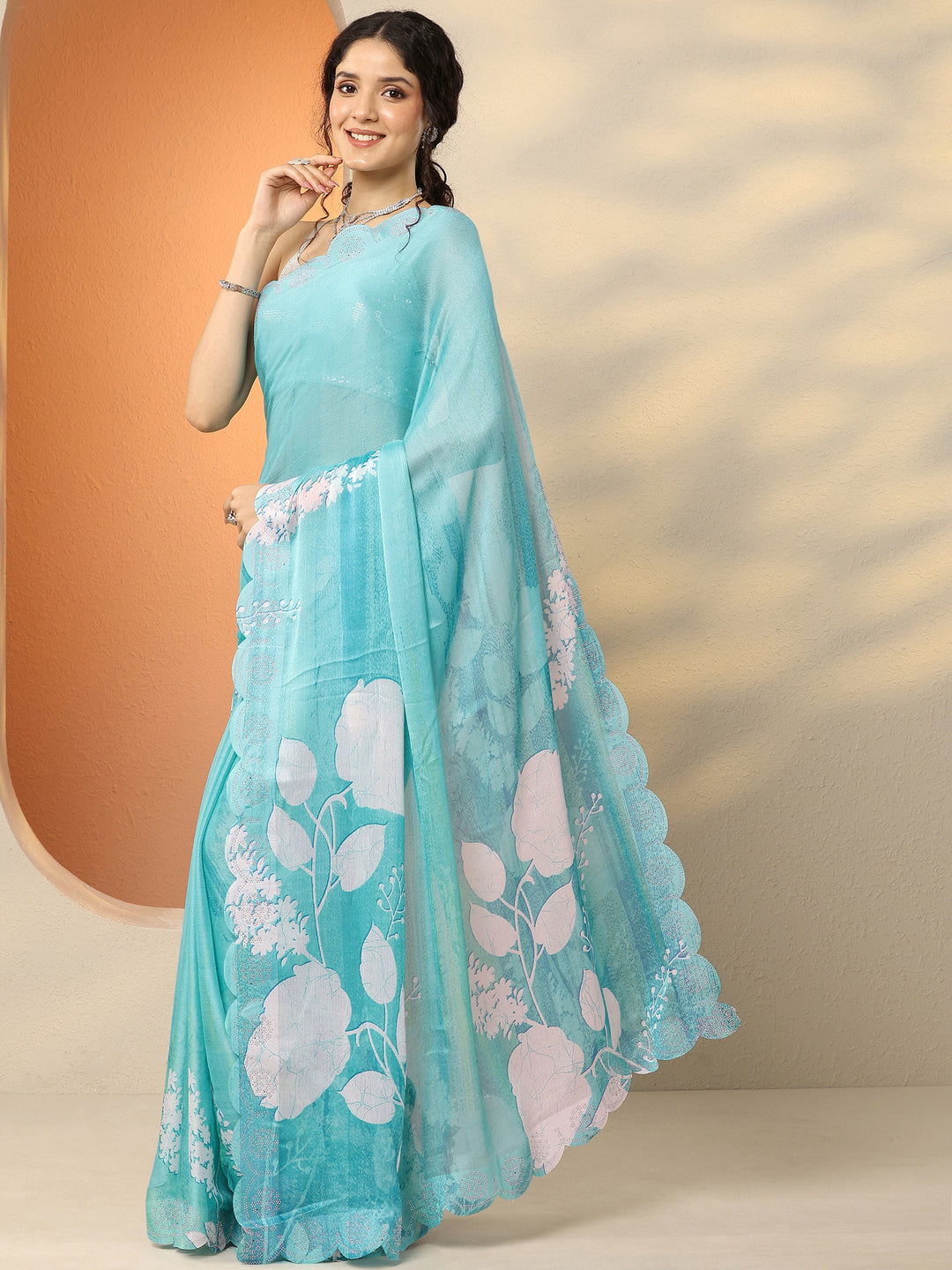 Blue Printed Georgette Saree With Unstitched Blouse Piece