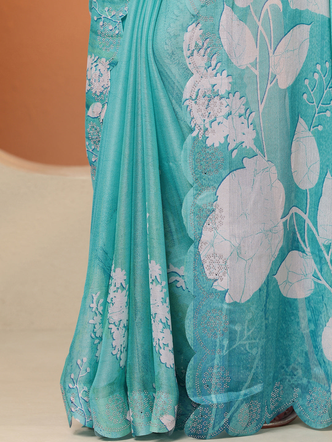 Blue Printed Georgette Saree With Unstitched Blouse Piece