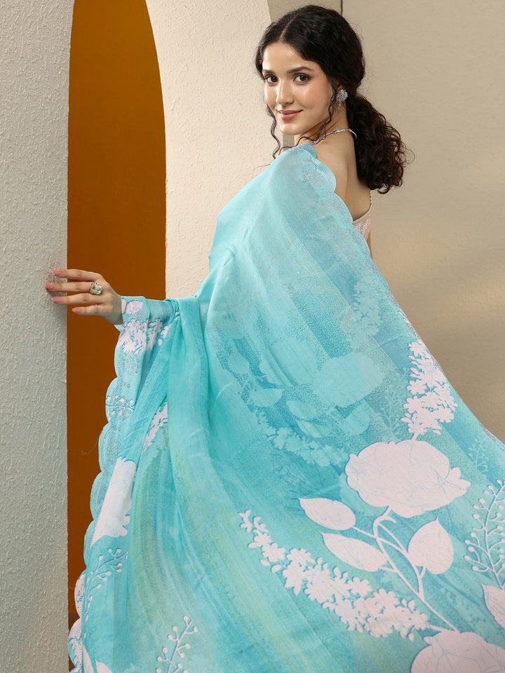 Blue Printed Georgette Saree With Unstitched Blouse Piece