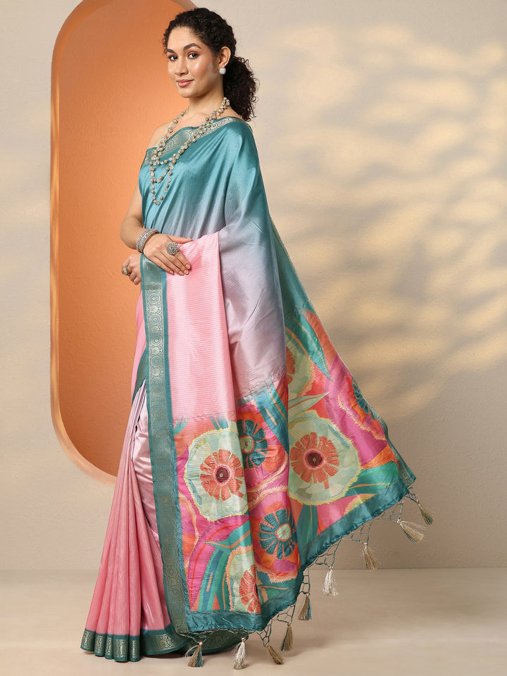 Lavender Embellished Silk Blend Saree With Unstitched Blouse Piece