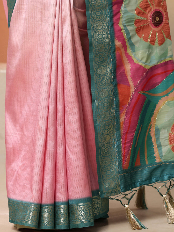 Lavender Embellished Silk Blend Saree With Unstitched Blouse Piece