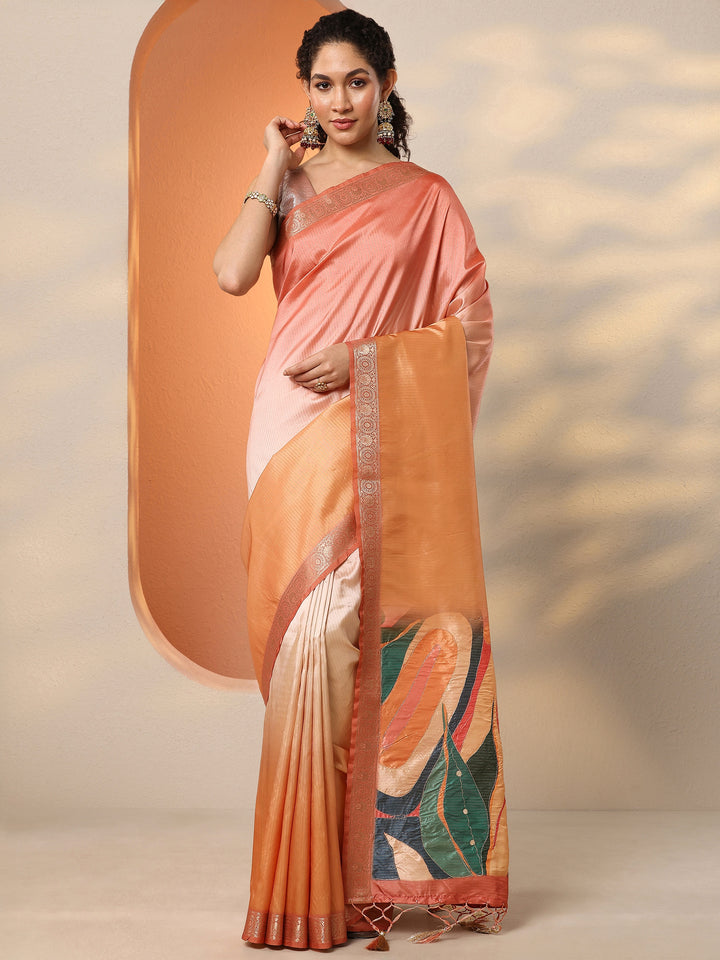 Peach Embellished Silk Blend Saree With Unstitched Blouse Piece