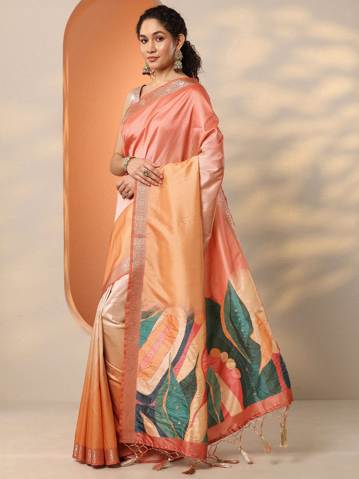 Peach Embellished Silk Blend Saree With Unstitched Blouse Piece