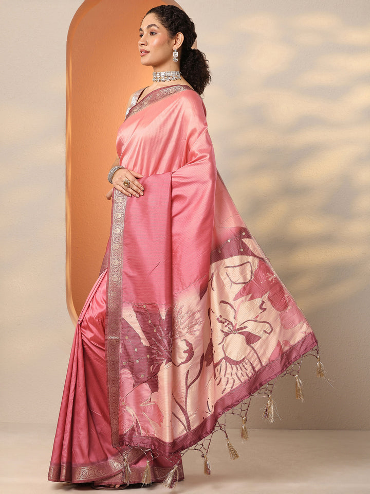 Pink Embellished Silk Blend Saree With Unstitched Blouse Piece