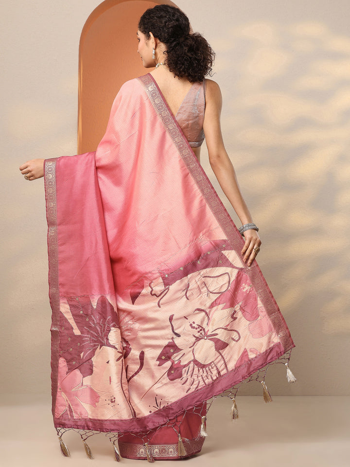 Pink Embellished Silk Blend Saree With Unstitched Blouse Piece