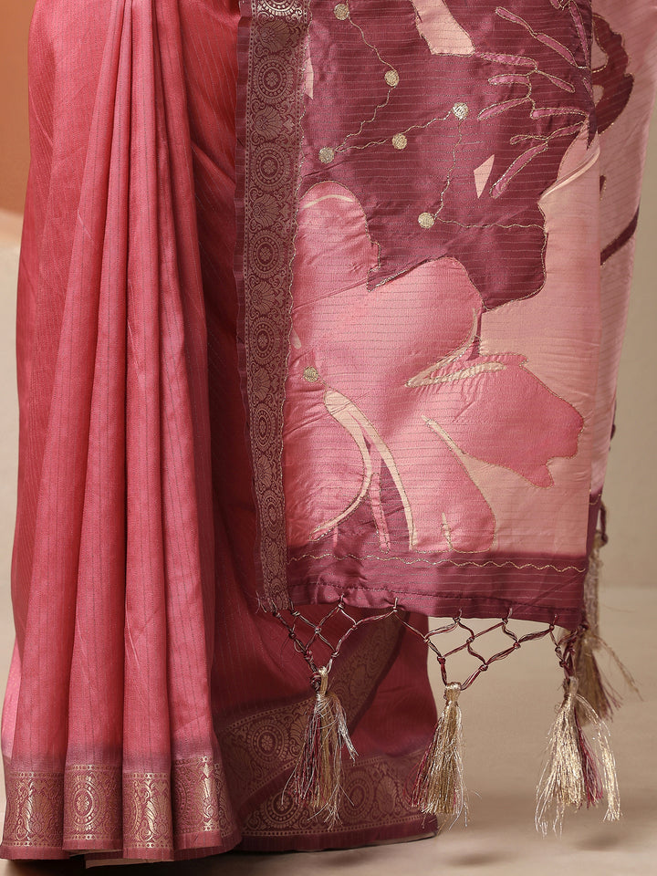 Pink Embellished Silk Blend Saree With Unstitched Blouse Piece