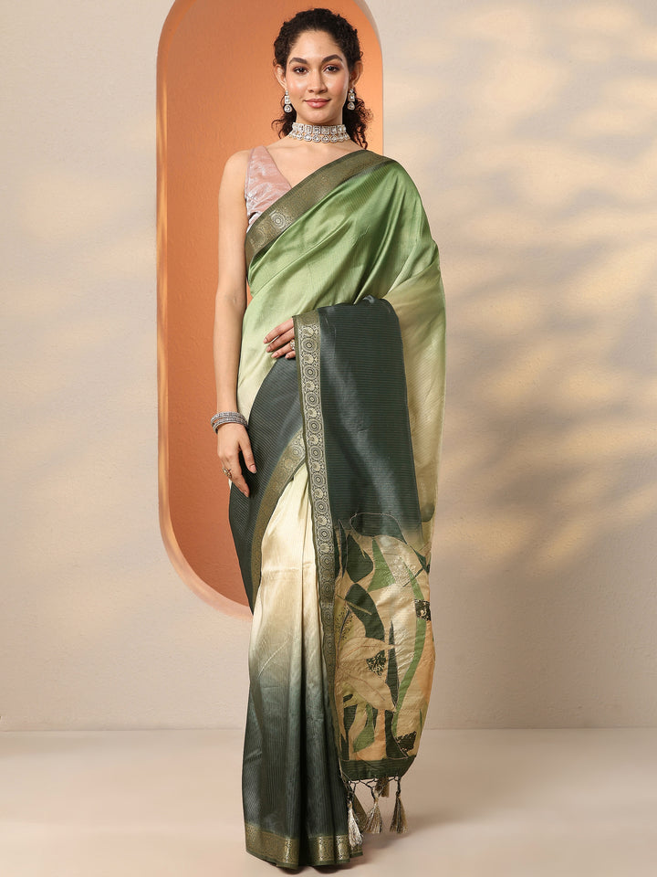 Green Embellished Silk Blend Saree With Unstitched Blouse Piece