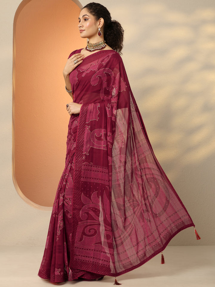 Maroon Bandhani Printed Georgette Saree With Unstitched Blouse Piece