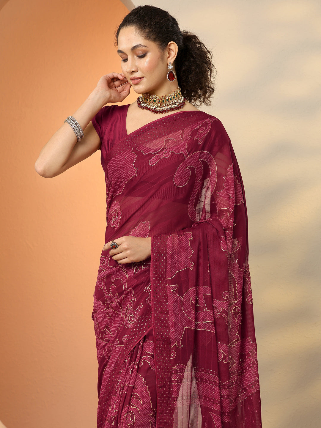 Maroon Bandhani Printed Georgette Saree With Unstitched Blouse Piece