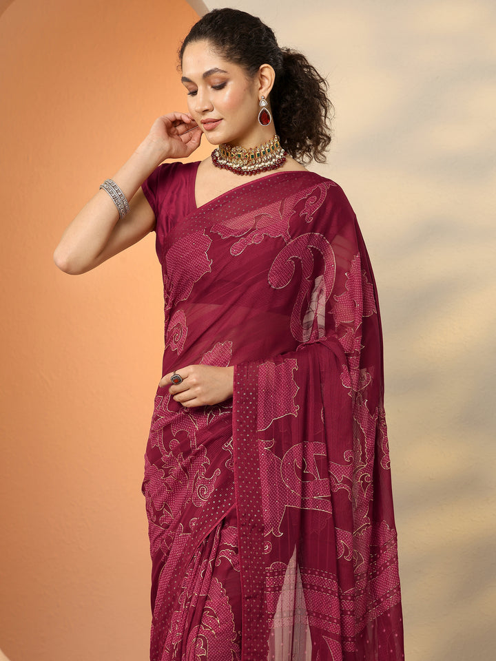 Maroon Bandhani Printed Georgette Saree With Unstitched Blouse Piece