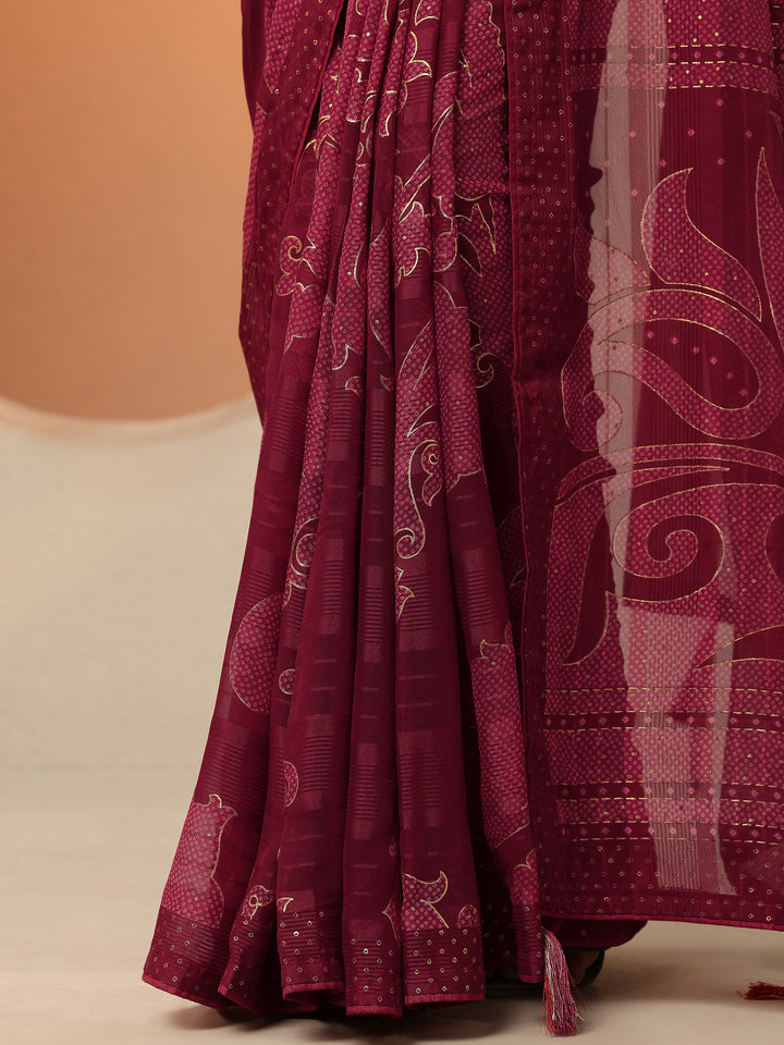 Maroon Bandhani Printed Georgette Saree With Unstitched Blouse Piece