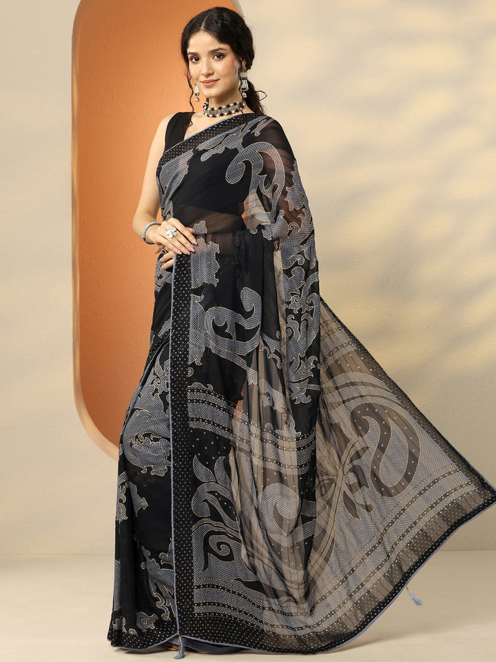 Black Bandhani Printed Georgette Saree With Unstitched Blouse Piece