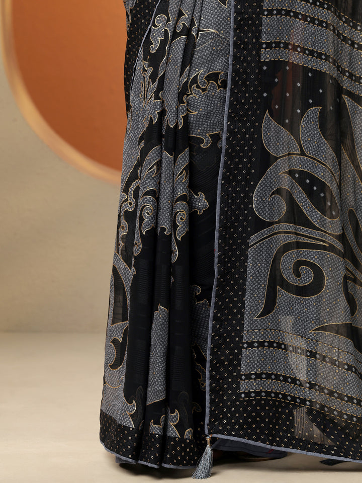 Black Bandhani Printed Georgette Saree With Unstitched Blouse Piece