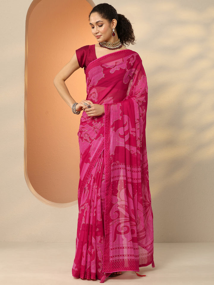 Pink Bandhani Printed Georgette Saree With Unstitched Blouse Piece